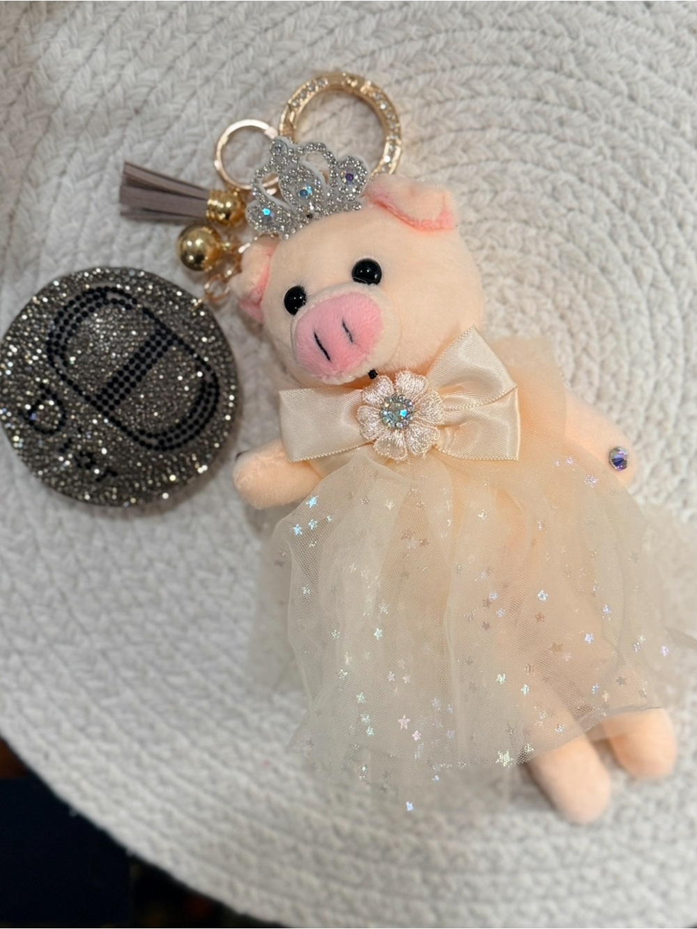 Princess Pig Plush Keychain Charm w/ Crown & Sparkly Dress & Logo Puffy Charm